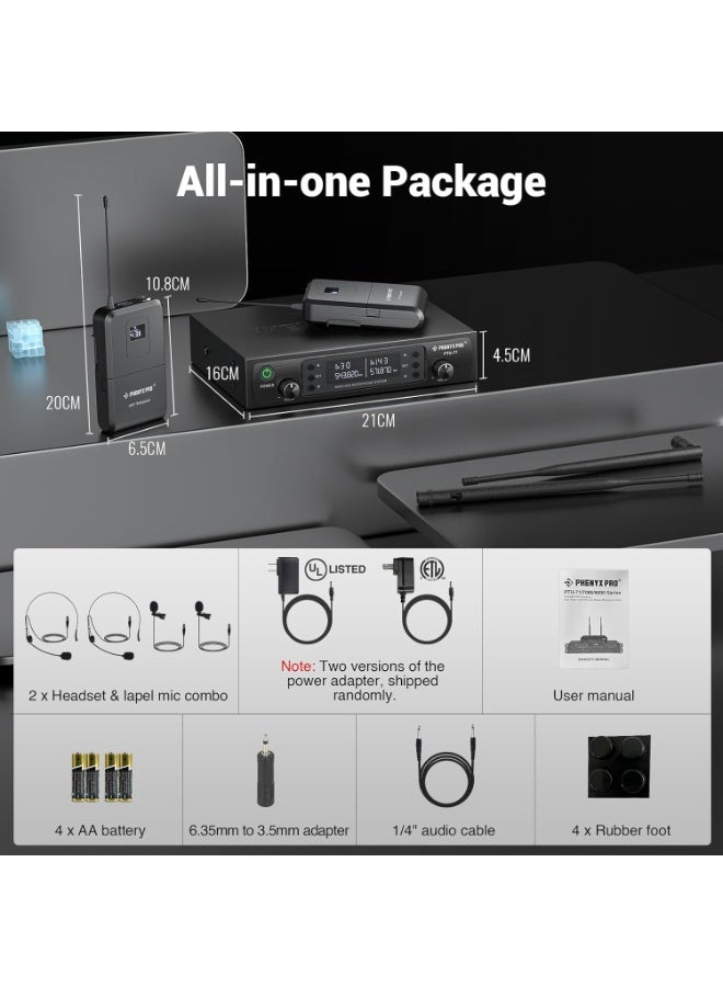 Phenyx Pro Dual UHF Wireless Microphone System with Auto Scan, 2 Bodypacks, Headset and Lapel Microphones, 2x100 Frequencies, Cordless Microphones for Singing, Speaking, Karaoke, Church, DJ (PTU-71-2B) - Image 3